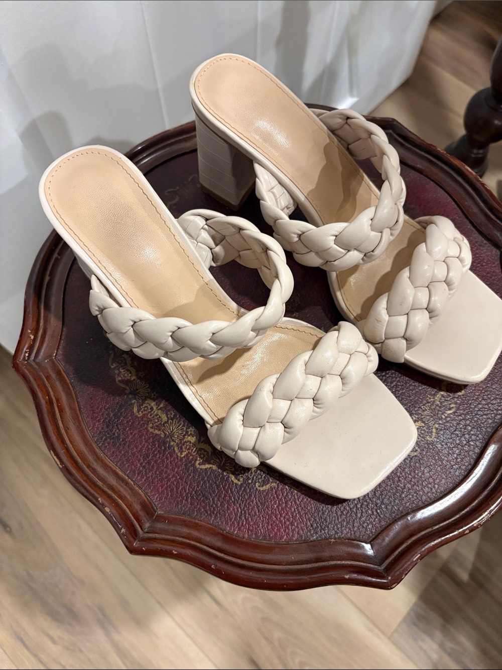 Braided Strap Block Heel Sandals - Cream